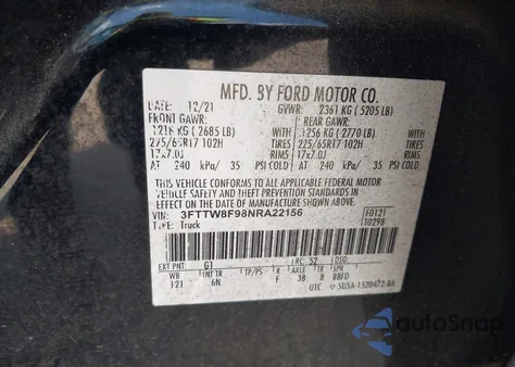 2022 Ford Maverick Lariat from USA, damaged, VIN 3FTTW8F98NRA22156